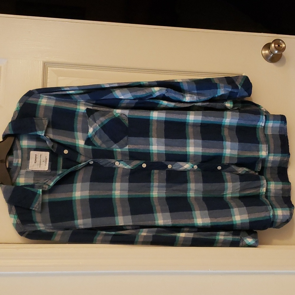 Navy/Green Button Up Flannel Large